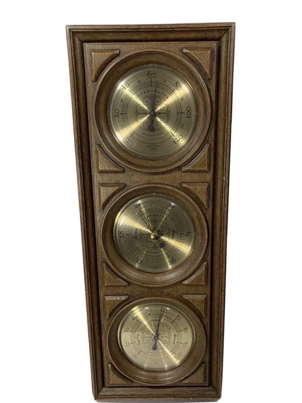 Vintage Springfield 3 Guage Weather Station-Therm-Barometer -Humid 18x7 USA Made